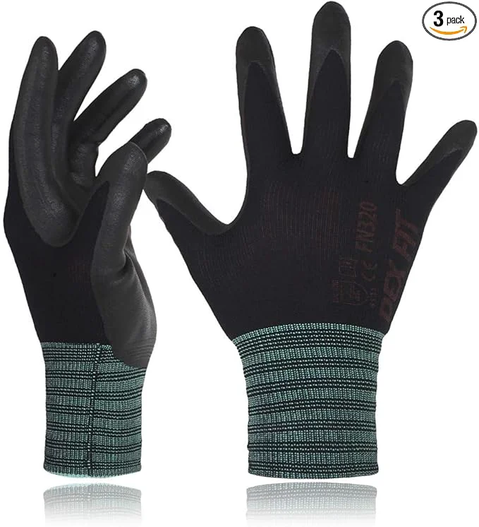 Fashionable DEX FIT Nylon Work Gloves FN320 3D Comfort Fit Power Grip Lightweight Breathable Touchscreen Gardening Yard Work Warehouse Delivery Driver Gloves Black 7 S 3 PairsAbout ThisOverview
