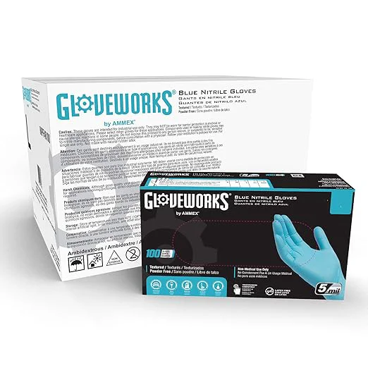 Clean GLOVEWORKS Blue Disposable Nitrile Industrial Gloves 5 Mil Latex Powder- Food-Safe Textured Large Case of 1000About ThisOverview Healthy
