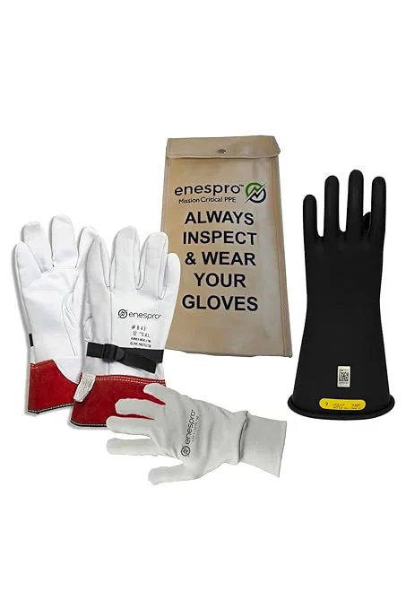 Traditional Enespro Class 2 Black Rubber Voltage Insulating Glove Premium Kit with FR Knit Glove and Leather Protectors Max. Use Voltage 17 000V AC 25 500V DC KITGC2B12AG About ThisOverview Casual