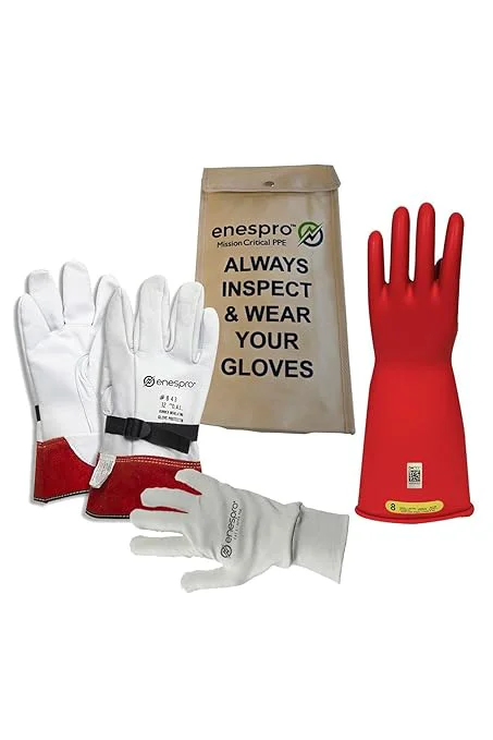 Verified Enespro Class 2 Red Rubber Voltage Insulating Glove Premium Kit with FR Knit Glove and Leather Protectors Max. Use Voltage 17 000V AC 25 500V DC KITGC2R11AGAbout ThisOverview Pure
