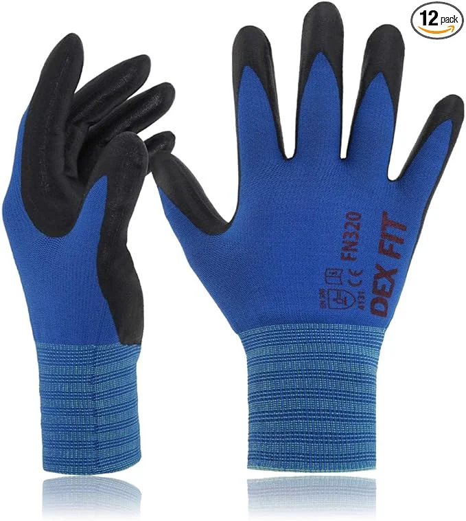 Organic DEX FIT Nylon Work Gloves FN320 3D Comfort Fit Power Grip Lightweight Breathable Touchscreen Gardening Yard Work Warehouse Delivery Driver Gloves Blue 10 XL 12 PairsAbout ThisOverview Clean