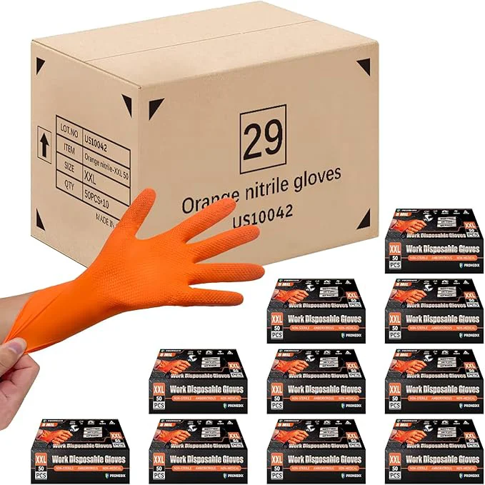 Top-Quality PROMEDIX P Heavy Duty Nitrile Disposable Gloves 8-mil Orange Raised Diamond Texture Work Gloves，Industrial Work gloves Certified
