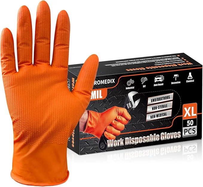 Contemporary PROMEDIX P Heavy Duty Nitrile Disposable Gloves 8-mil Orange Raised Diamond Texture Work Gloves，Industrial Work gloves High-Performance