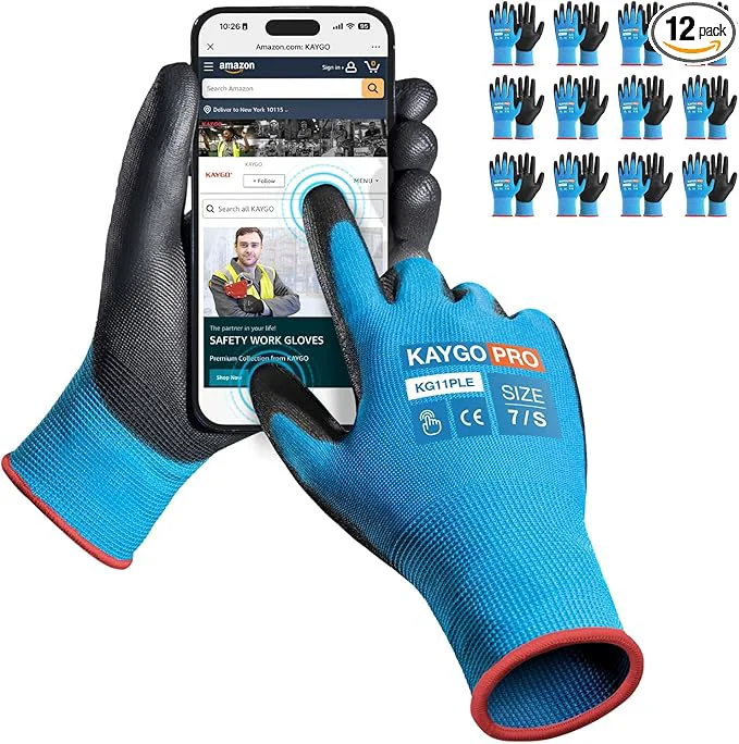 Work Gloves PU Coated for Men and Women 12 Pairs Safety Work Gloves with Two Fingers Touchscreen Breathable and Lightweight I for Light Warehouse Manufacturing Gardening KG11P S Blue About ThisOverview High-Grade