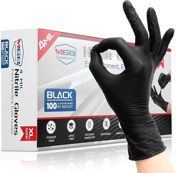 Fast M68 Black Nitrile Gloves - 4 MIL Thick Latex Powder Textured Fingertips Chemical-Resistant Disposable Non-Sterile World-Class