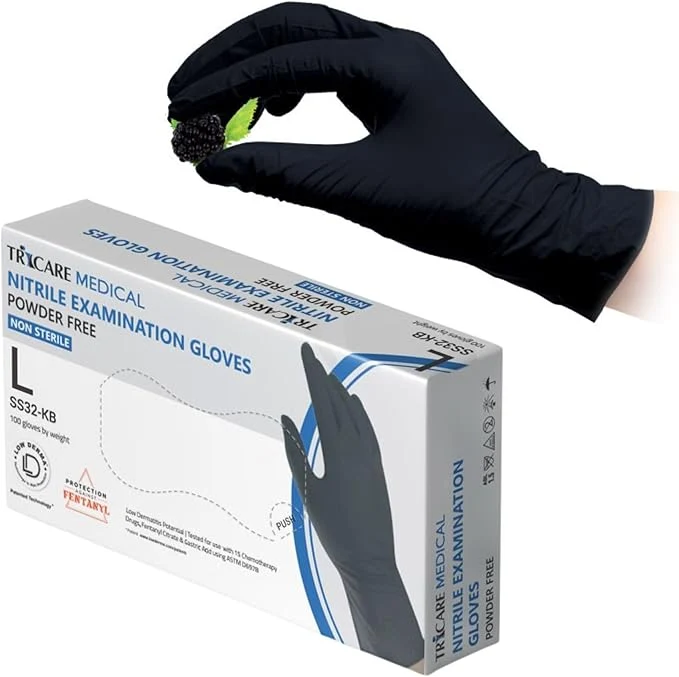 Authentic Nitrile Exam Gloves Low Derma Chemo Drug Tested Latex Powder Berry Black 3.5 Mil S M L XL Powerful