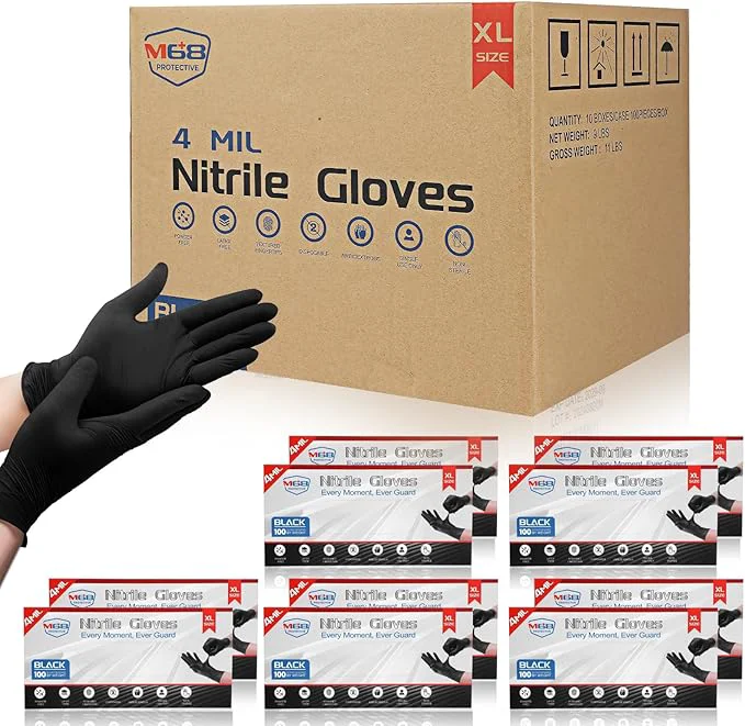 Comfortable M68 Black Nitrile Gloves - 4 MIL Thick Latex Powder Textured Fingertips Chemical-Resistant Disposable Non-Sterile High-End