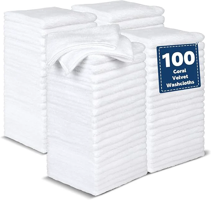 Refined Coral Velvet Washcloths Bulk -100 Pack Highly Absorbent and Soft White Face Towels Multi-Purpose Washcloths and Hand Towels for Bathroom Hotel Spa and Gym 12 x 12 inchesAbout ThisOverview Verified
