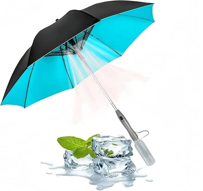 Smooth Umbrella with Fan Mist Spray - Rechargeable UV Protective Cooling Umbrella for Patio Beach Travel Portable Misting System Detachable Water Bottle Included Classic
