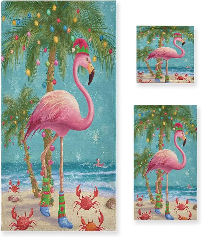 Elite Pfrewn Christmas Winter Towels Set of 3 Christmas Tropical Flamingo Palm Tree Crab Bathroom Towel Soft Absorbent Bath Hand Towels Washcloth Guest Towel Sets Xmas Holiday DecorAbout ThisOverview Top-Quality