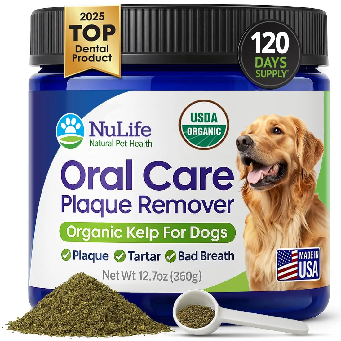 High-Performance NuLife Natural Pet Health Dog Teeth Cleaning Powder – Organic Sea Kelp No-Brush Dental Care 12 oz