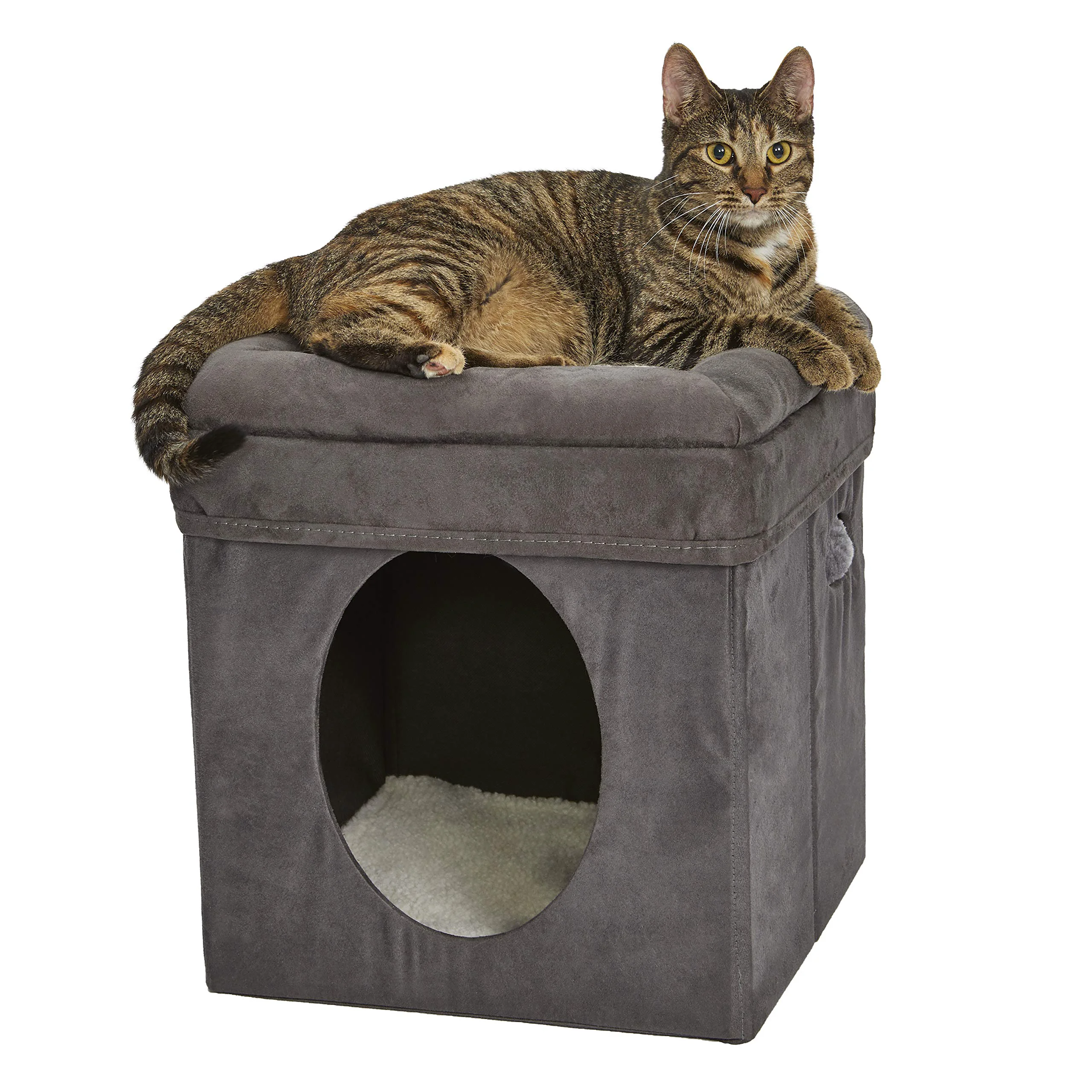 Quality MidWest Homes for Pets Cat Cube – Foldable Cat Hideout with Bolstered Bed Top and Toy Specialty