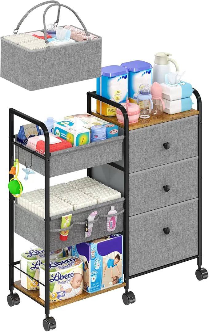 Original Design 2In1 Baby Diaper Caddy Organizer and Storage 3 Tier Rolling Cart with Dividers and Drawers Mobile Utility Cart Baby Dresser Clothes Organizer for Changing Table Crib Nursery Bedroom GreyAbout ThisOverview Proven