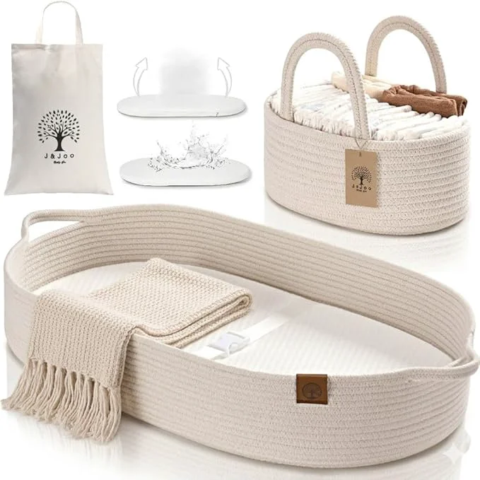 Environmentally Friendly Baby Changing Basket Includes Diaper Caddy - Soft Waterproof Dual-Cover Portable Changing Pad for Dresser Changing Table Gift for Baby Shower Organic Cotton Rope World-Class