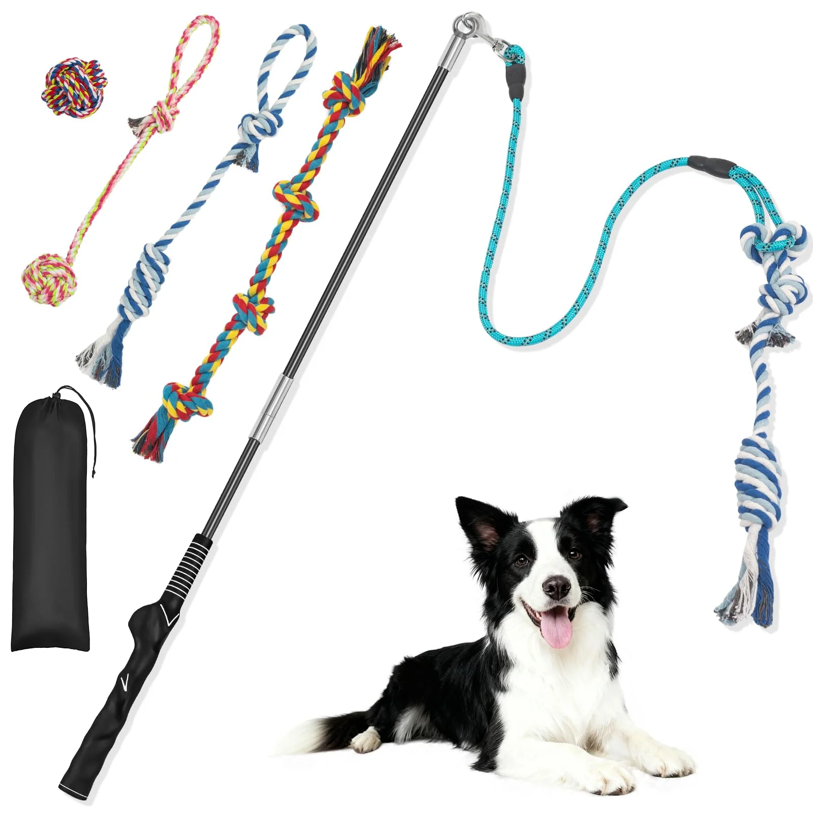 Comfortable Popoko Flirt Pole for Dogs — 4 Rope Toys Detachable Pole Carry Bag Environmentally Friendly