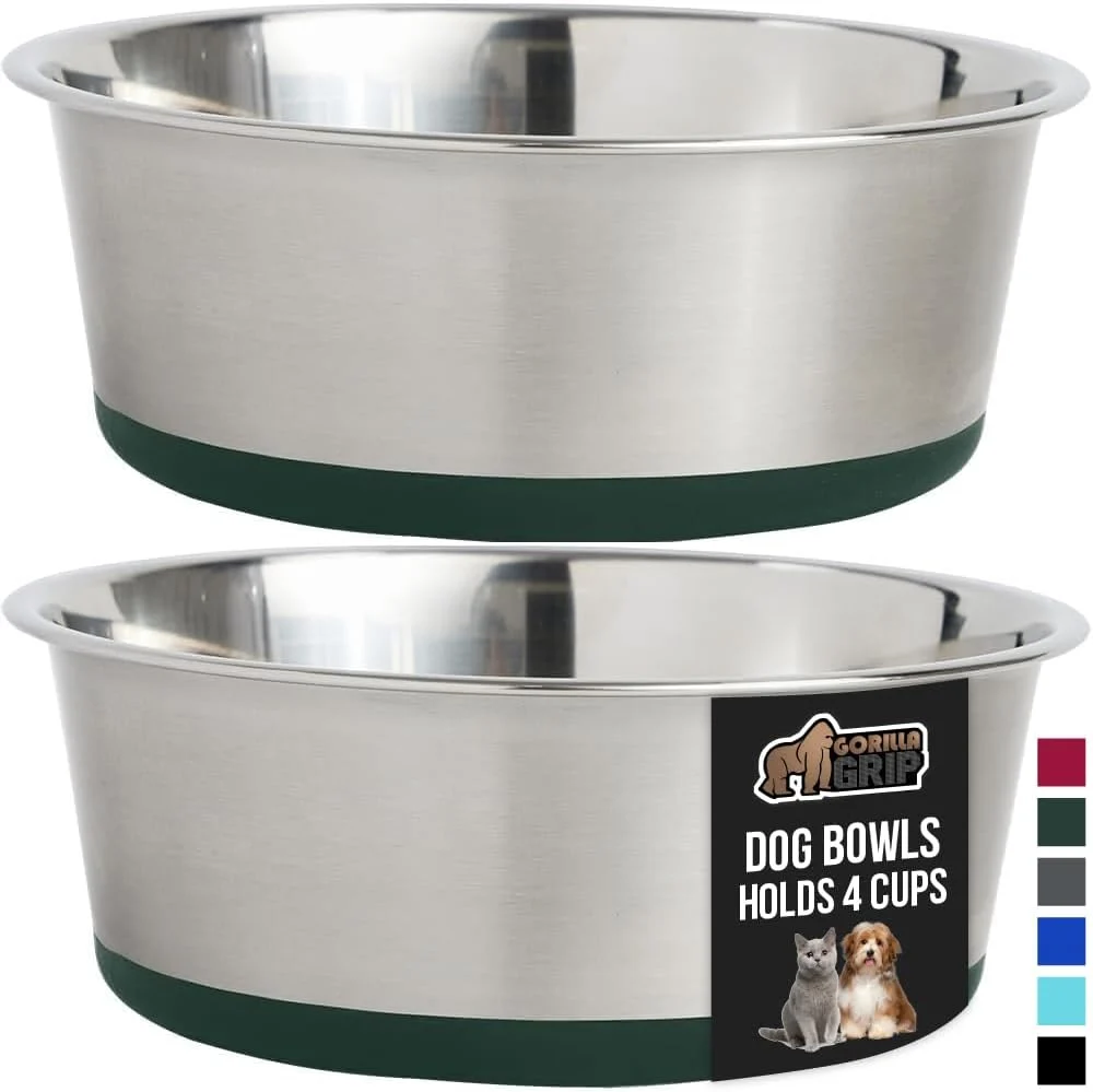 Artisan GORILLA GRIP Set of 2 Dog Bowls Holds 4 Cups 32 fl oz Heavy Duty Metal Food and Water Bowl for Feeding Dogs and Cats Dishwasher Safe Rust Resistant Stainless Steel BPA Rubber Base Green Top-Quality