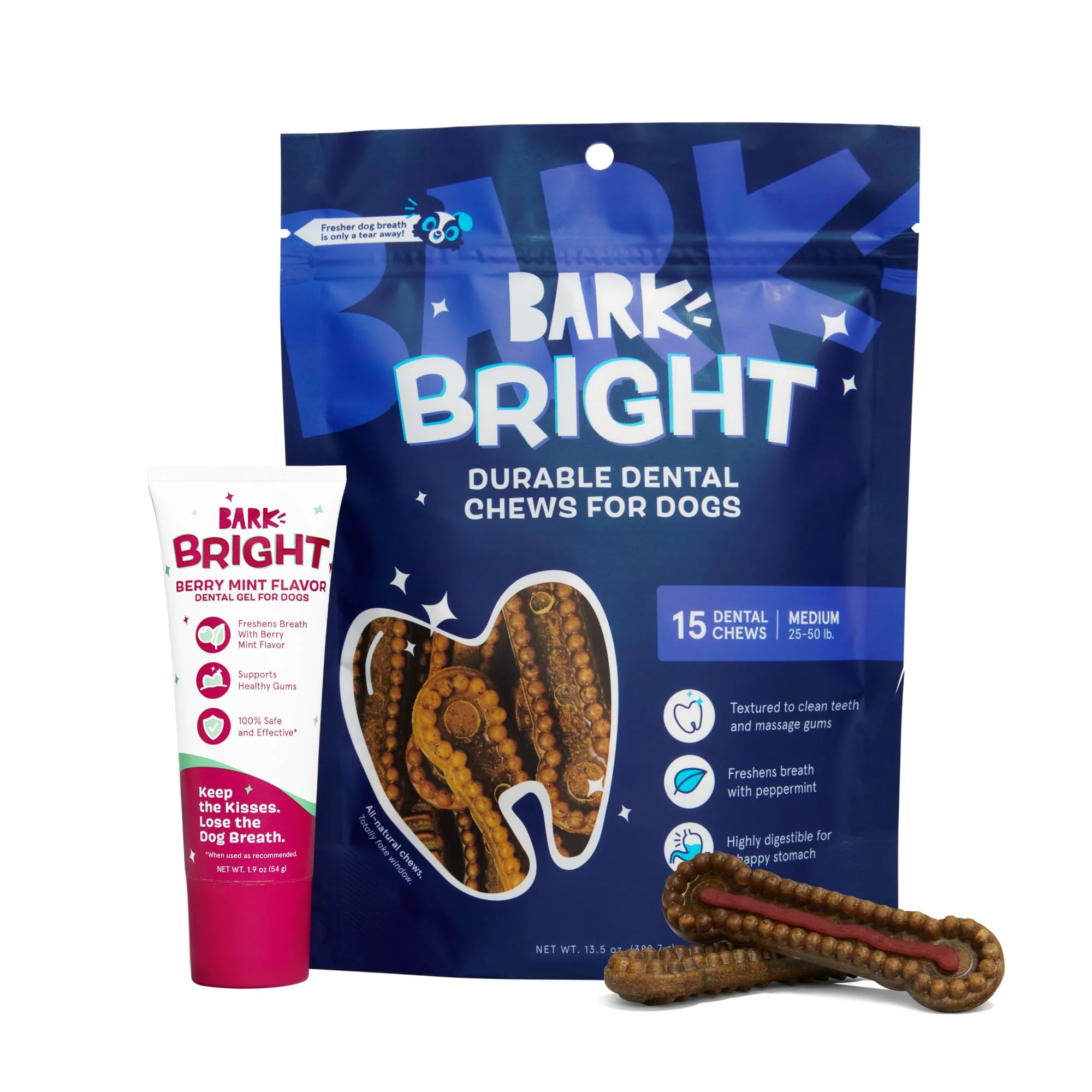 Trendy Barkbox Bright Durable Dental Kit for Medium Breeds – 15 Chew Sticks Berry Mint Toothpaste Contemporary