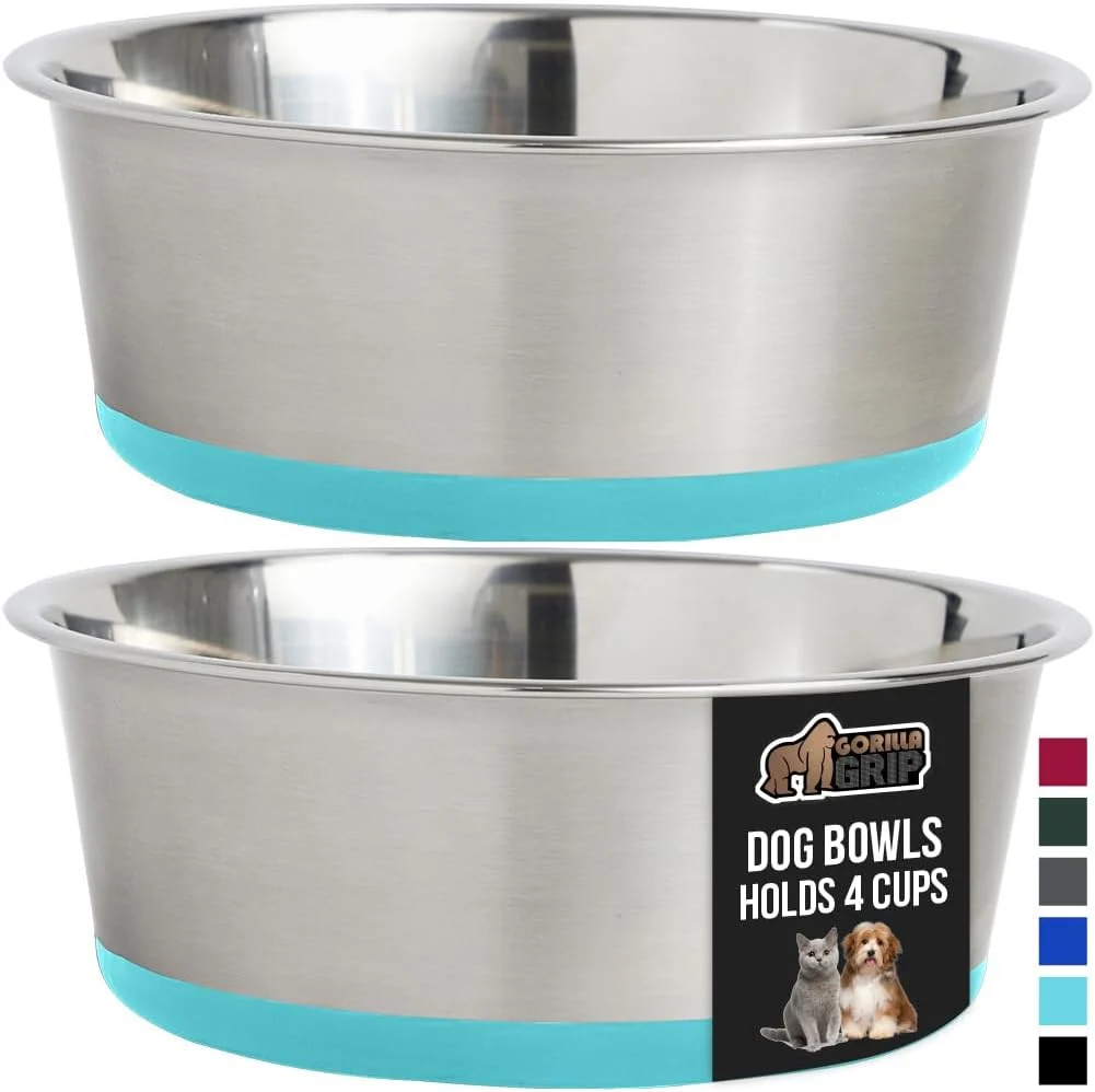 Carefully Designed GORILLA GRIP Set of 2 Dog Bowls Holds 4 Cups 32 fl oz Heavy Duty Metal Food and Water Bowl for Feeding Dogs and Cat Dishwasher Safe Rust Resistant Stainless Steel BPA Rubber Base Turquoise Verified