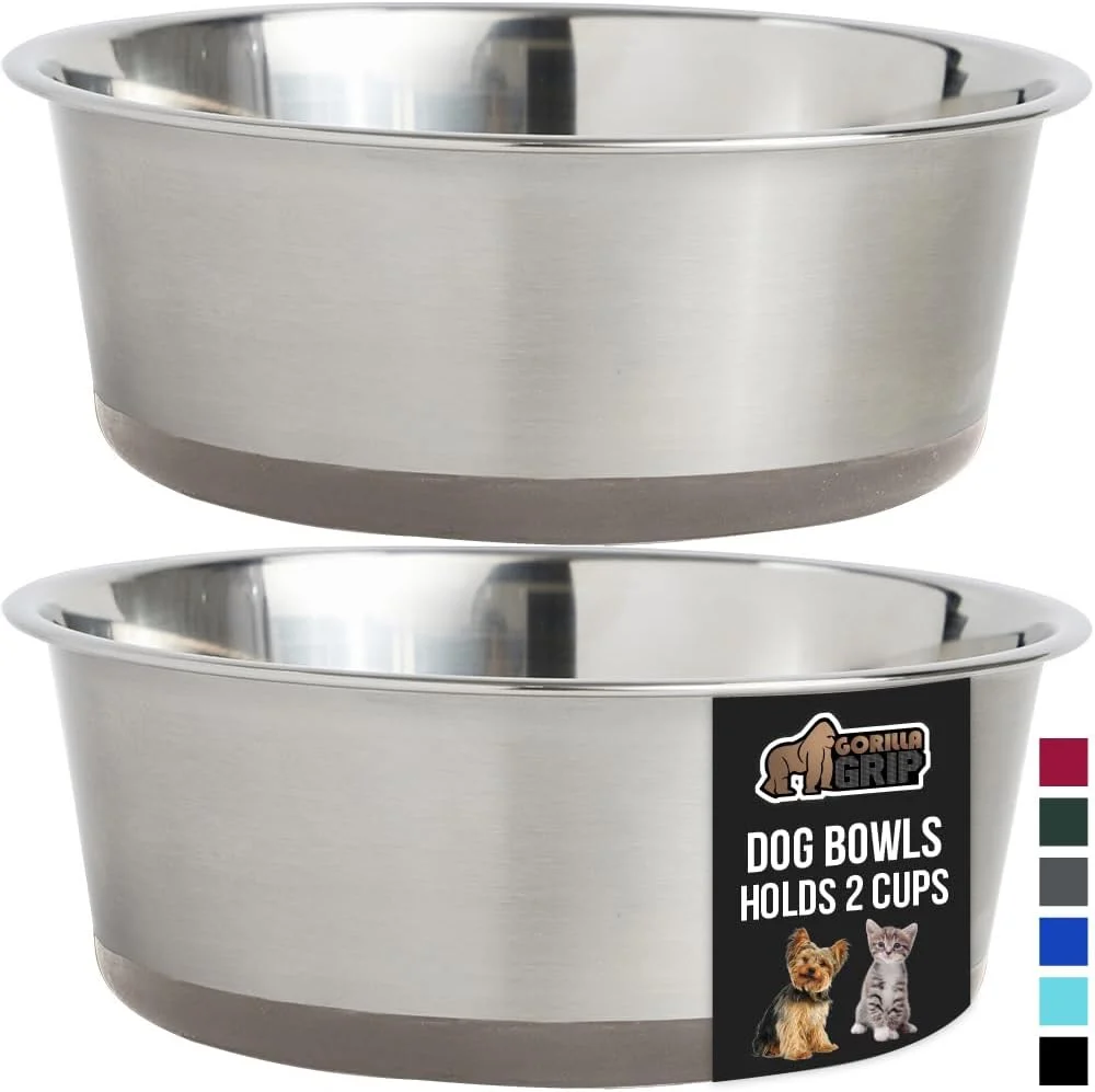 World-Class GORILLA GRIP Set of 2 Dog Bowls Heavy Duty Metal Food and Water Bowl for Feeding Dogs and Cats Dishwasher Safe Rust Resistant Stainless Steel BPA Rubber Base Holds 2 Cups 16 fl oz Beige Outstanding