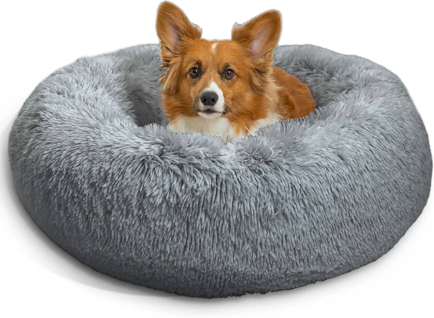 Top-Quality Friends by Sheri Calming Donut Dog and Cat Bed Shag Faux Fur Gray 30in x 30in - Anxiety Relief for Pets Up to 45 lbs Crafted