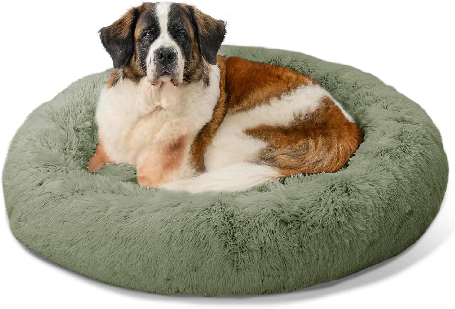 Dependable Friends by Sheri Calming Donut Dog and Cat Bed Shag Faux Fur Sage Green XL 45in x 45in - Anxiety Relief for Pets Up to 150 lbs Comfortable