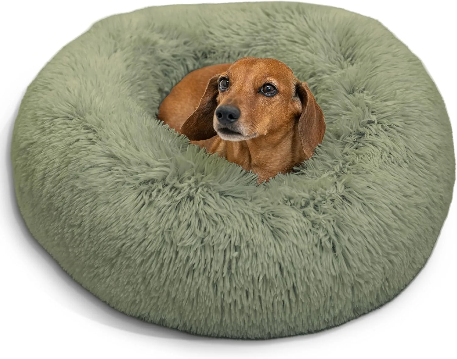 Classic Friends by Sheri Calming Donut Dog and Cat Bed Shag Faux Fur Sage Green 23in x 23in - Anxiety Relief for Pets Up to 25 lbs Certified