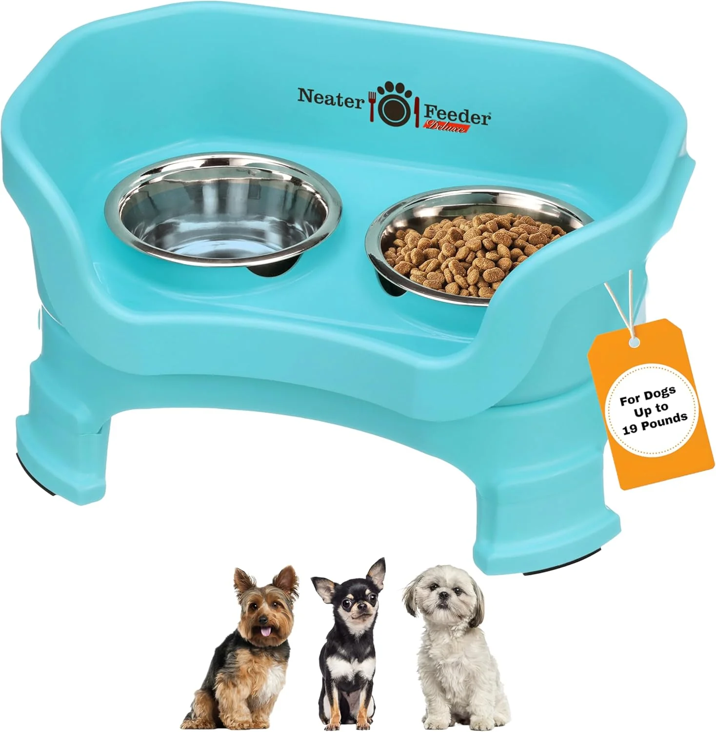 Trendy Neater Feeder Deluxe Mess Proof Dog Bowls d for Small Breeds – Made in USA – No Spill Raised Dog Food Bowl Stand w Leg Extensions – Stainless Steel Dog Food and Water Bowl Set – Teal Authentic