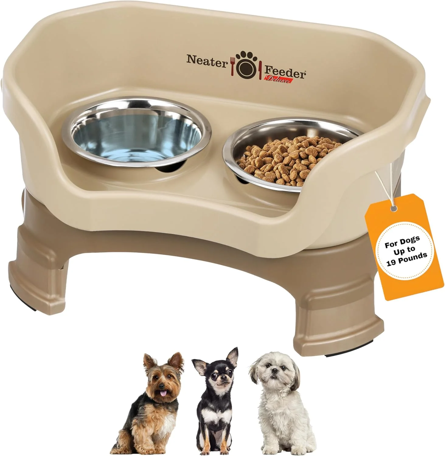 Unique Neater Feeder Deluxe Mess Proof Dog Bowls d for Small Breeds – Made in USA – No Spill Raised Dog Food Bowl Stand w Leg Extensions – Stainless Steel Dog Food and Water Bowl Set – Beige Authentic