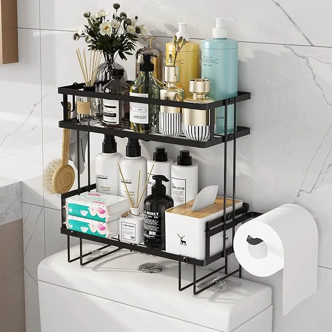 Contemporary Godboat Bathroom Organizers 2-Tier Over Toilet Storage Floating Shelves with 2 Hooks Paper Holder Wall Mounted Shelf Furniture Cool Accessories Decor Gifts for Women Mothers Day Black About ThisOverview Reliable
