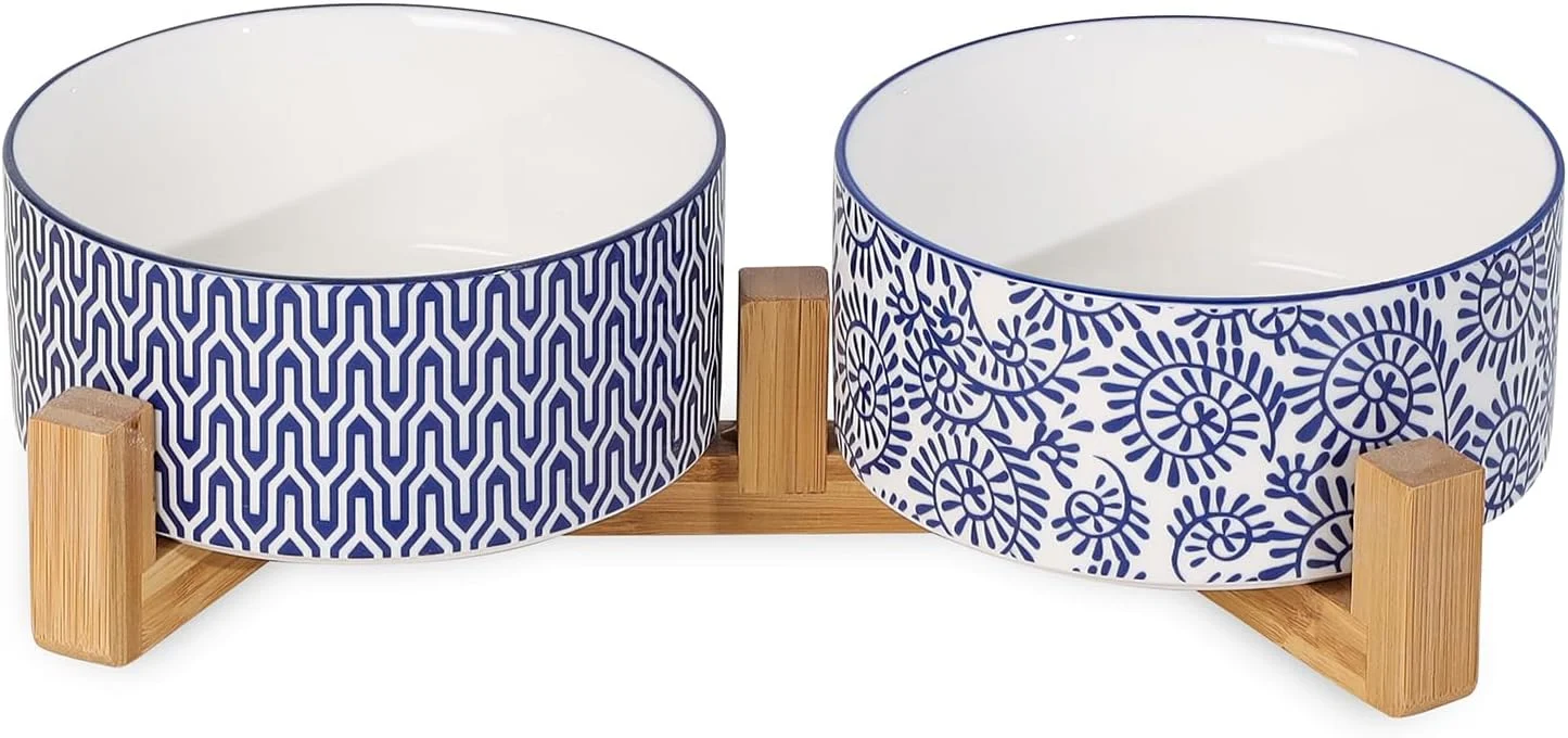 User-Friendly Selamica Ceramic 30 OZ Dog Bowls Dog Food and Water Bowls with Wooden Stand Anti-Slip Dog Dishes Set for Cats Small Medium Sized Dogs Weighted Pet Bowls Set of 2 Vintage Blue B Enhanced
