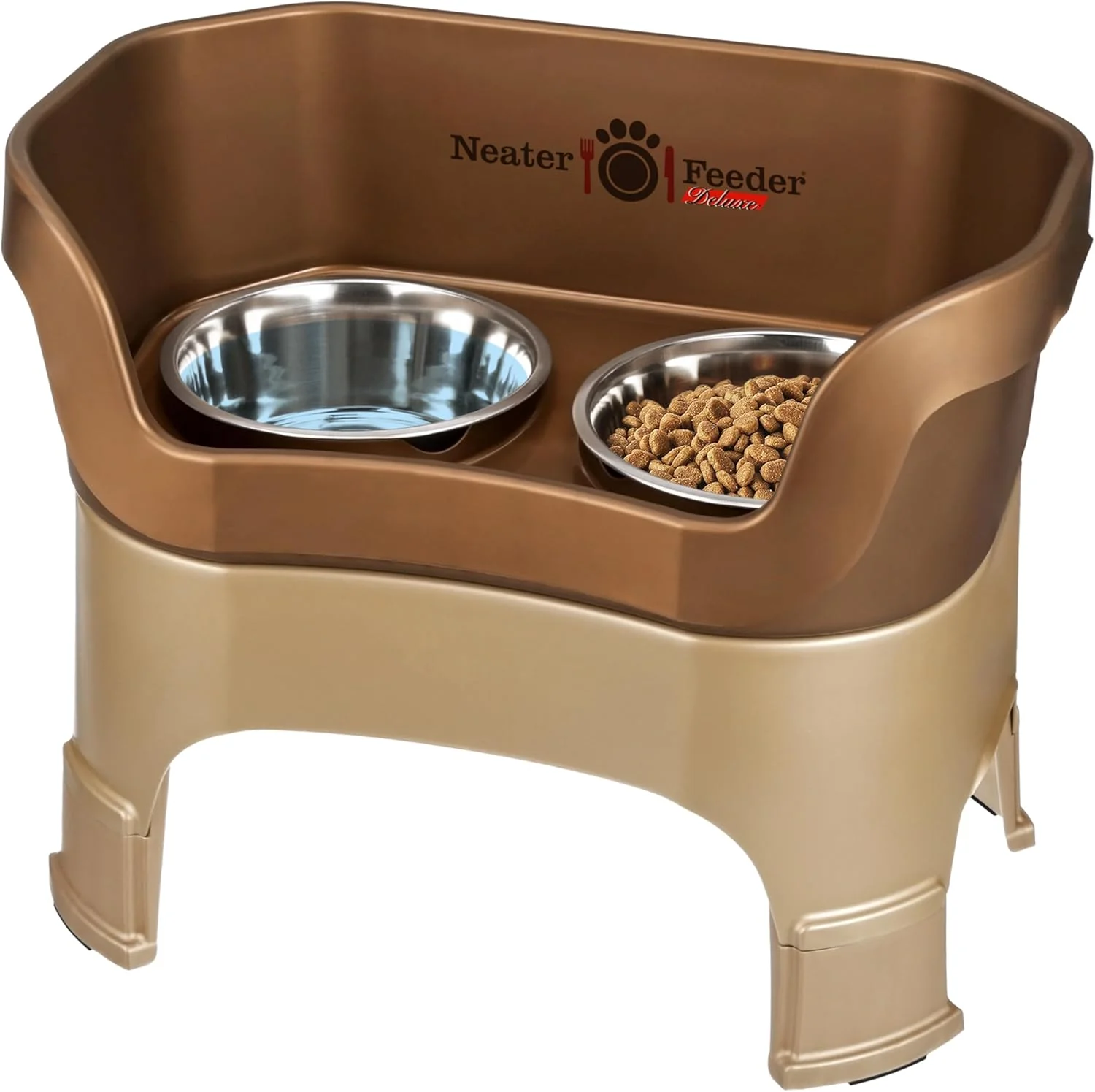 Unique Neater Feeder Deluxe Mess Proof Dog Bowls d for Large Dogs – Made in USA – No Spill Raised Dog Food Bowl Stand w Leg Extensions – Stainless Steel Dog Food and Water Bowl Set – Bronze High-End
