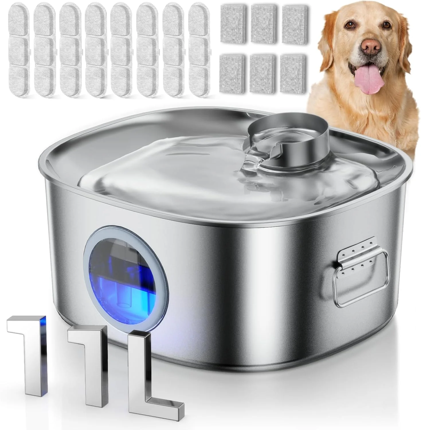 Traditional Dog Water Fountain Stainless Steel 11L 2.8Gal Large Pet Water Fountain for Large Dogs Inside Dog Fountain Water Bowl Automatic Dispenser with Visible Window LED Ultra Quiet with 8pcs Filters Efficient