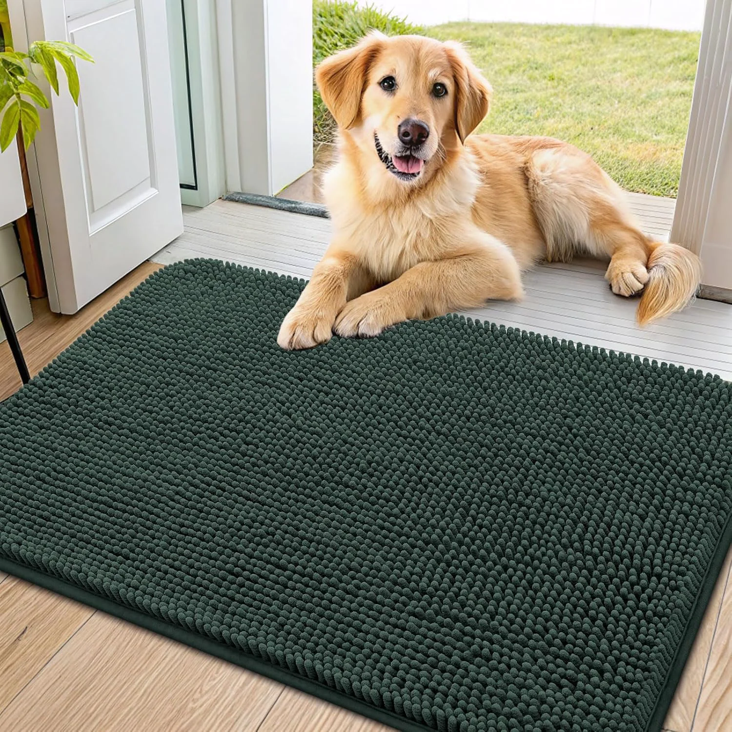 Solid Smiry Dog Door Mat for Muddy Paws 36x24 Absorbs Moisture and Dirt Doormat Non-Slip Washable Quick Dry Chenille Front Door Mat Indoor Entrance Entryway Carpet for Inside Floor Green Premium