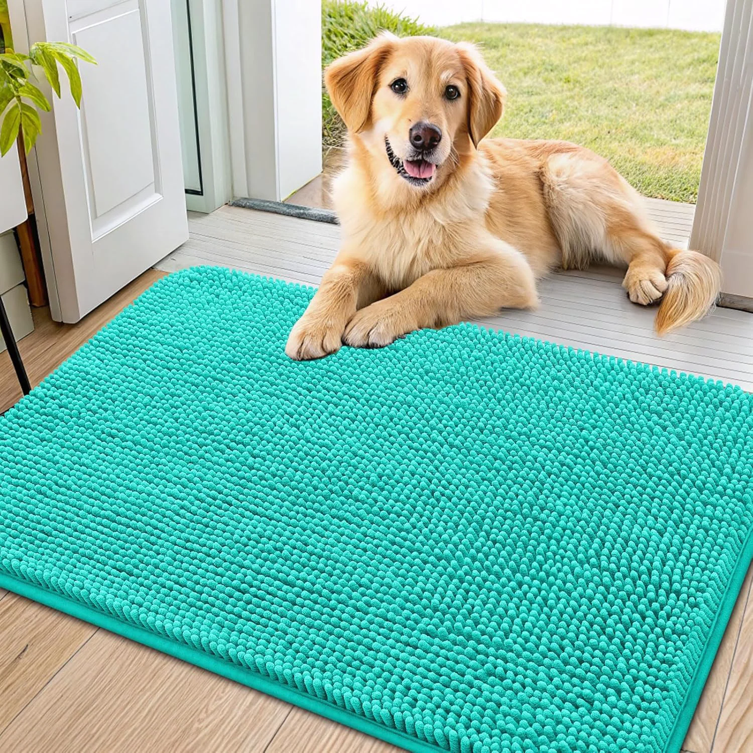 Effective Smiry Dog Door Mat for Muddy Paws 36x24 Absorbs Moisture and Dirt Doormat Non-Slip Washable Quick Dry Chenille Front Door Mat Indoor Entrance Entryway Carpet for Inside Floor Teal Proven