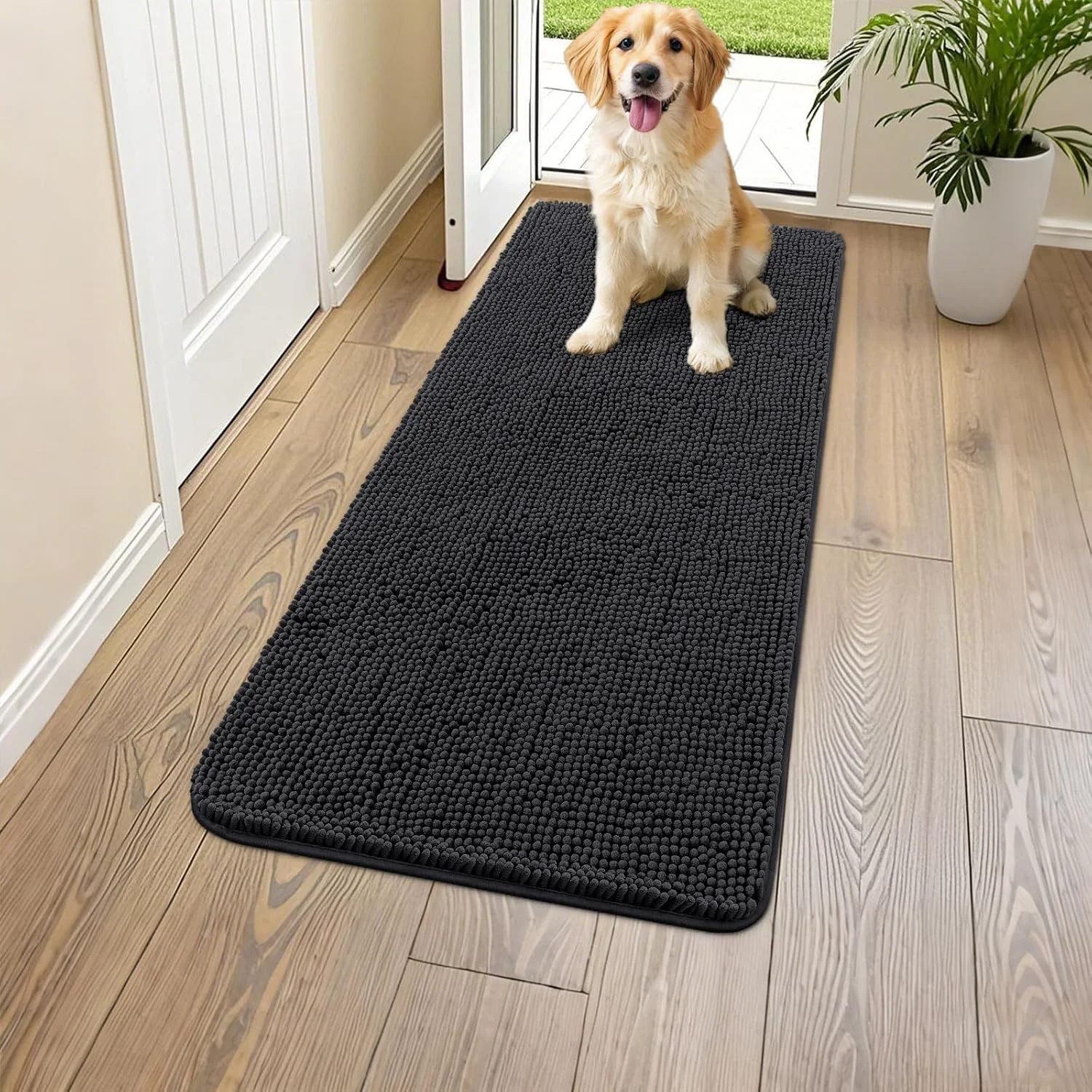 Trendy Smiry Dog Door Mat for Muddy Paws 47x24 Absorbs Moisture and Dirt Doormat Non-Slip Washable Quick Dry Chenille Front Door Mat Indoor Entrance Entryway Carpet for Inside Floor Black Sophisticated