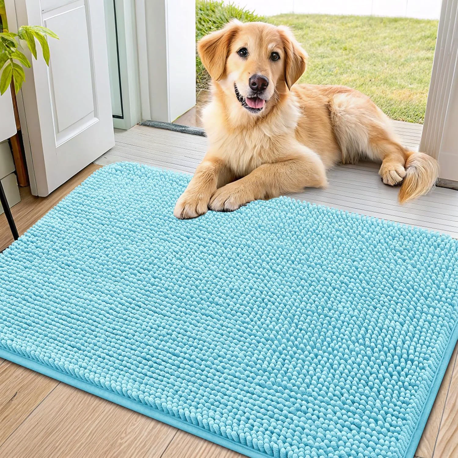 Eco-Friendly Smiry Dog Door Mat for Muddy Paws 36x24 Absorbs Moisture and Dirt Doormat Non-Slip Washable Quick Dry Chenille Front Door Mat Indoor Entrance Entryway Carpet for Inside Floor Sky Blue Clean