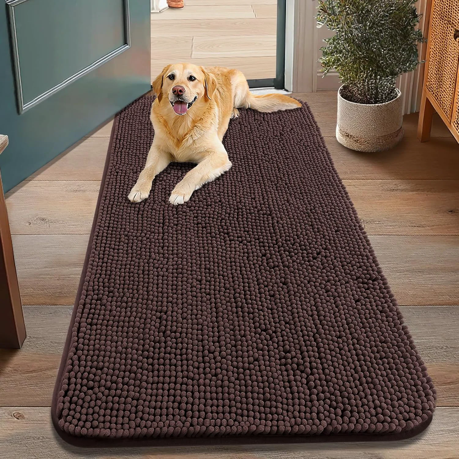 Verified Smiry Dog Door Mat for Muddy Paws 48x30 Absorbs Moisture and Dirt Doormat Non-Slip Washable Quick Dry Chenille Front Door Mat Indoor Entrance Entryway Carpet for Inside Floor Brown Pure