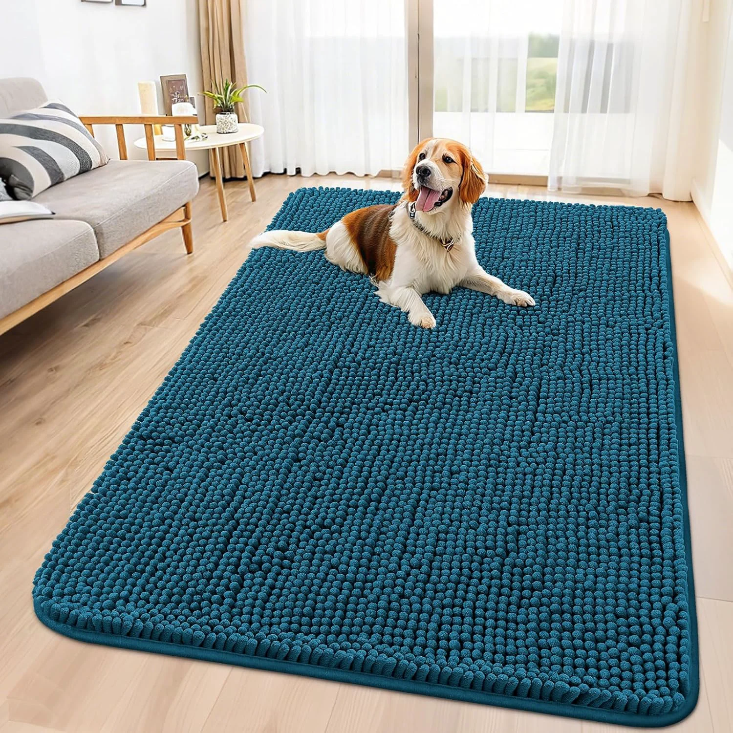 Secure Smiry Dog Door Mat for Muddy Paws 59x35 Absorbs Moisture and Dirt Doormat Non-Slip Washable Quick Dry Chenille Front Door Mat Indoor Entrance Entryway Carpet for Inside Floor Atlantic Blue Sustainable