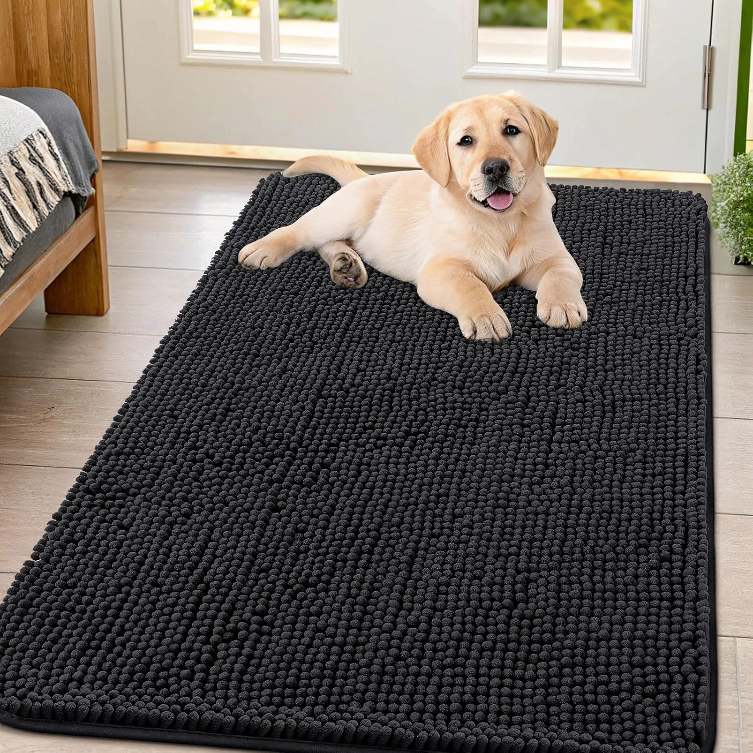 Expertly Made Smiry Dog Door Mat for Muddy Paws 47x32 Absorbs Moisture and Dirt Doormat Non-Slip Washable Quick Dry Chenille Front Door Mat Indoor Entrance Entryway Carpet for Inside Floor Black Premium