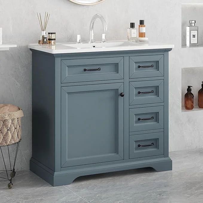 Superior Christopher Knight Home Meril Bathroom Vanity with Ceramic Sink Wooden Bathroom Storage Cabinet Pedestal Sink Storage Cabinet Bathoom Vanity Organizer Adjustable Door Shelves Drawer Blue GrayAbout ThisOverview Secure
