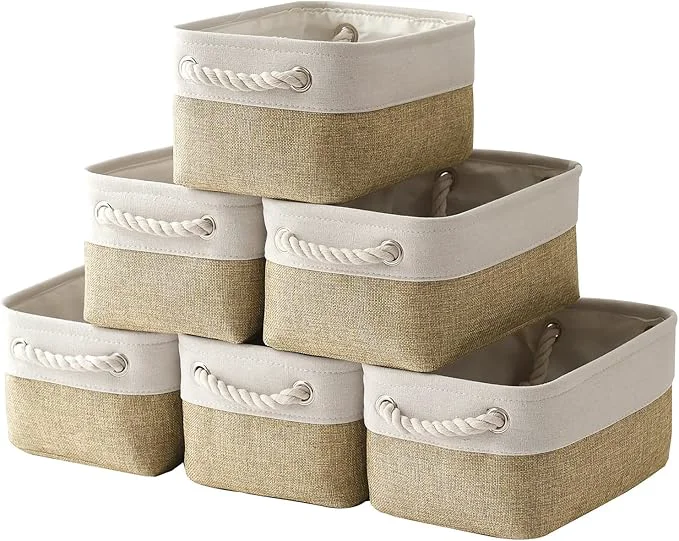 Trendy TheWarmHome Storage Basket for Shelves - 12x8x5.2 inch Small 6 Pack Collapsible Storage Bin for Closet with Handles Fabric Storage Cubes for Cloth Organizer Gift Toy Decorative White Khaki About ThisOverview Modern