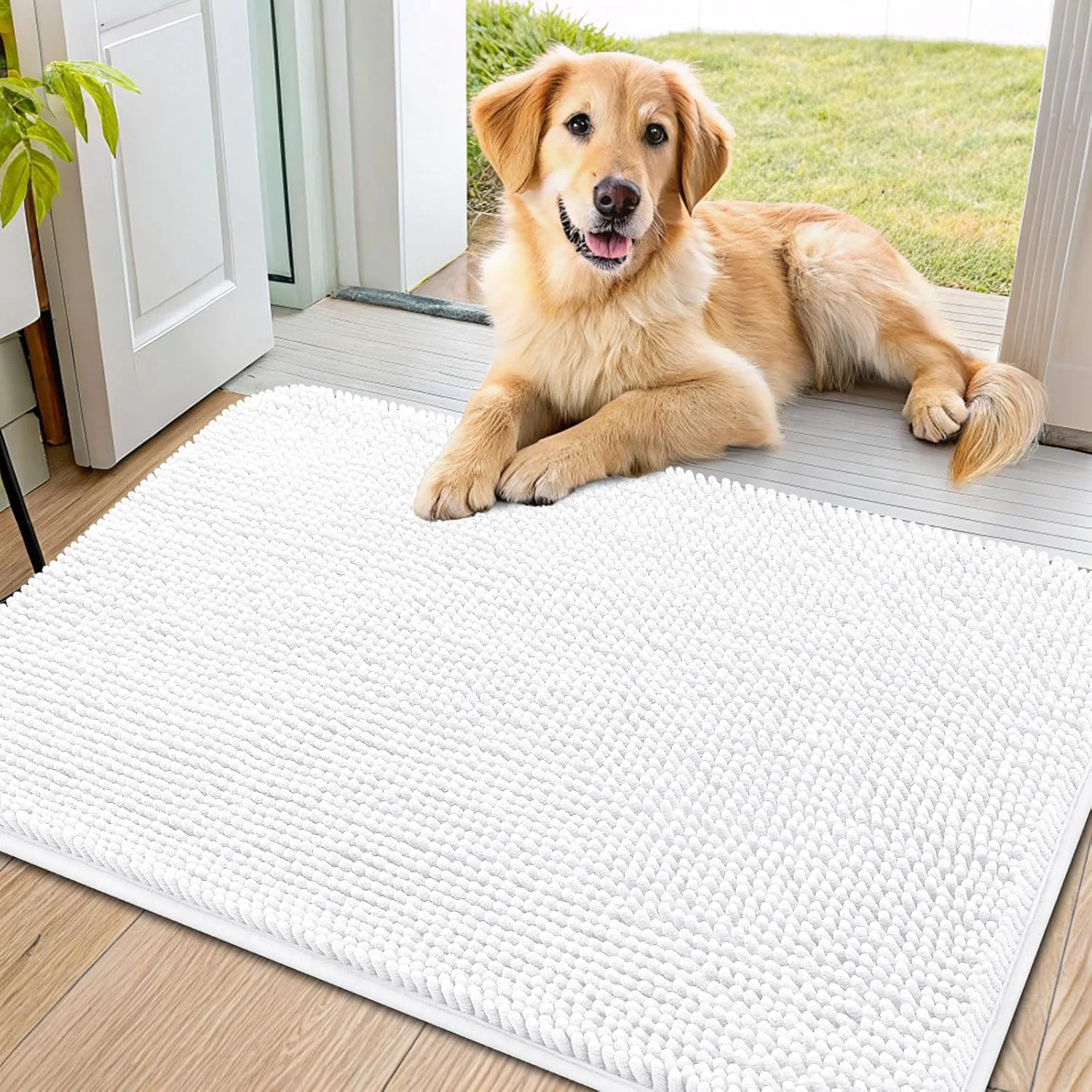 Soft Smiry Dog Door Mat for Muddy Paws 36x24 Absorbs Moisture and Dirt Doormat Non-Slip Washable Quick Dry Chenille Front Door Mat Indoor Entrance Entryway Carpet for Inside Floor White First-Class