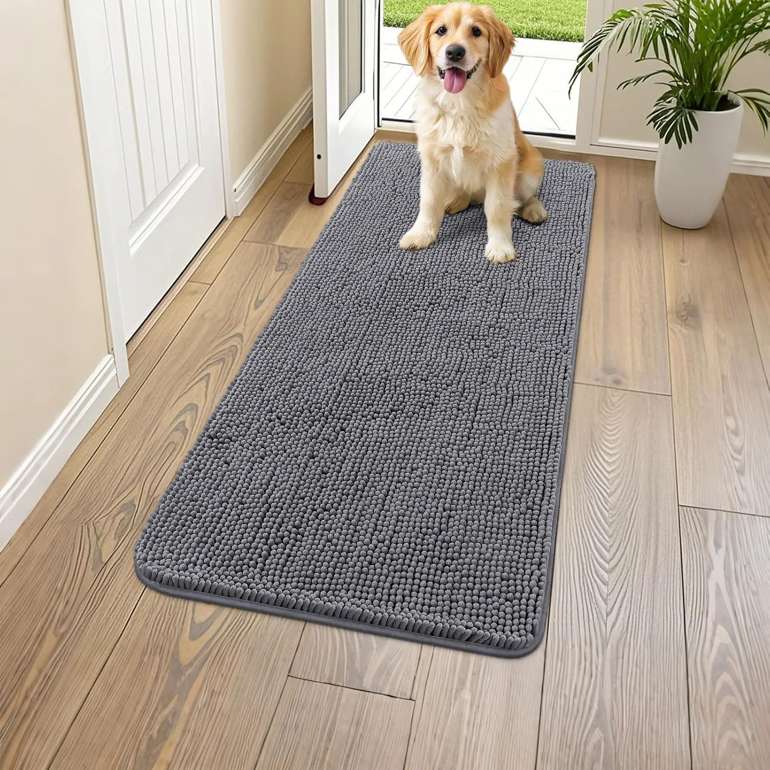 Exclusive Smiry Dog Door Mat for Muddy Paws 47x24 Absorbs Moisture and Dirt Doormat Non-Slip Washable Quick Dry Chenille Front Door Mat Indoor Entrance Entryway Carpet for Inside Floor Dark Grey Relaxed