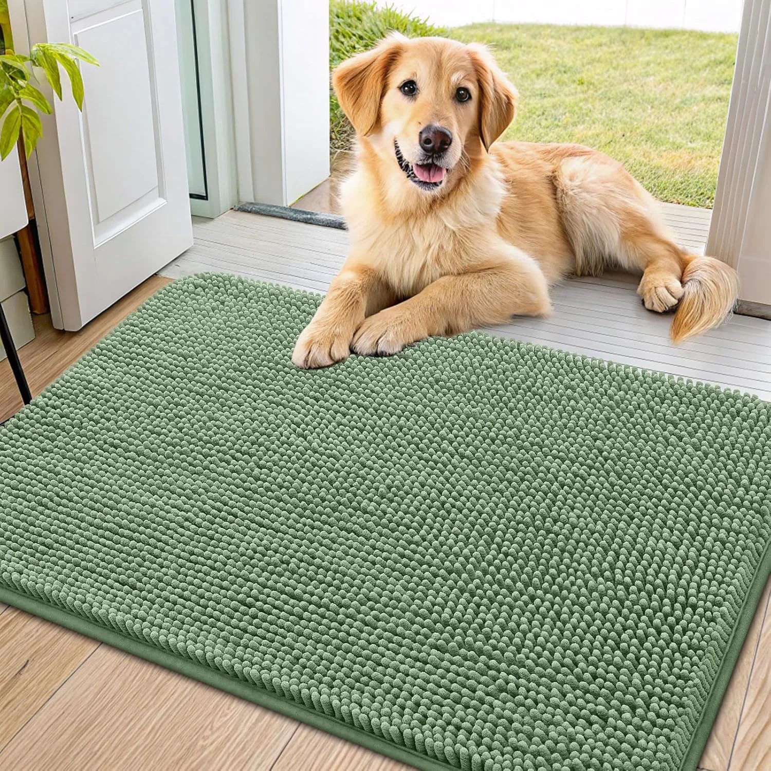 Traditional Smiry Dog Door Mat for Muddy Paws 36x24 Absorbs Moisture and Dirt Doormat Non-Slip Washable Quick Dry Chenille Front Door Mat Indoor Entrance Entryway Carpet for Inside Floor Olive Green Reusable