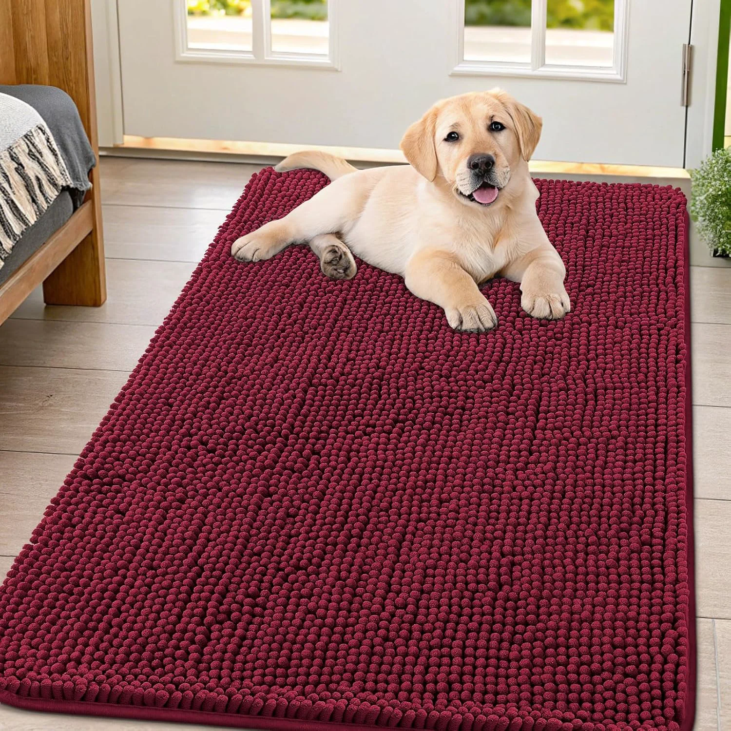 Unique Smiry Dog Door Mat for Muddy Paws 47x32 Absorbs Moisture and Dirt Doormat Non-Slip Washable Quick Dry Chenille Front Door Mat Indoor Entrance Entryway Carpet for Inside Floor Burgundy Quality