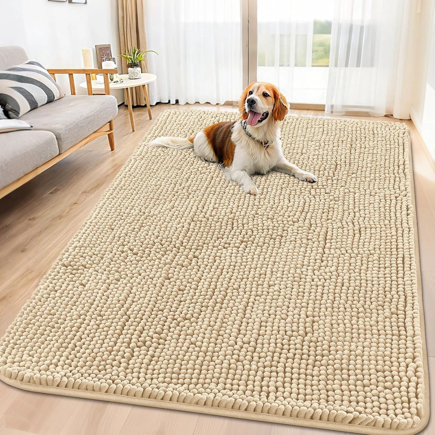 Crafted Smiry Dog Door Mat for Muddy Paws 71x46 Absorbs Moisture and Dirt Doormat Non-Slip Washable Quick Dry Chenille Front Door Mat Indoor Entrance Entryway Carpet for Inside Floor Beige Functional