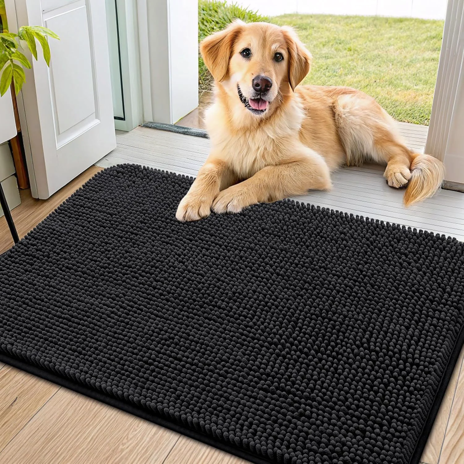 User-Friendly Smiry Dog Door Mat for Muddy Paws 36x24 Absorbs Moisture and Dirt Doormat Non-Slip Washable Quick Dry Chenille Front Door Mat Indoor Entrance Entryway Carpet for Inside Floor Black High-Performance