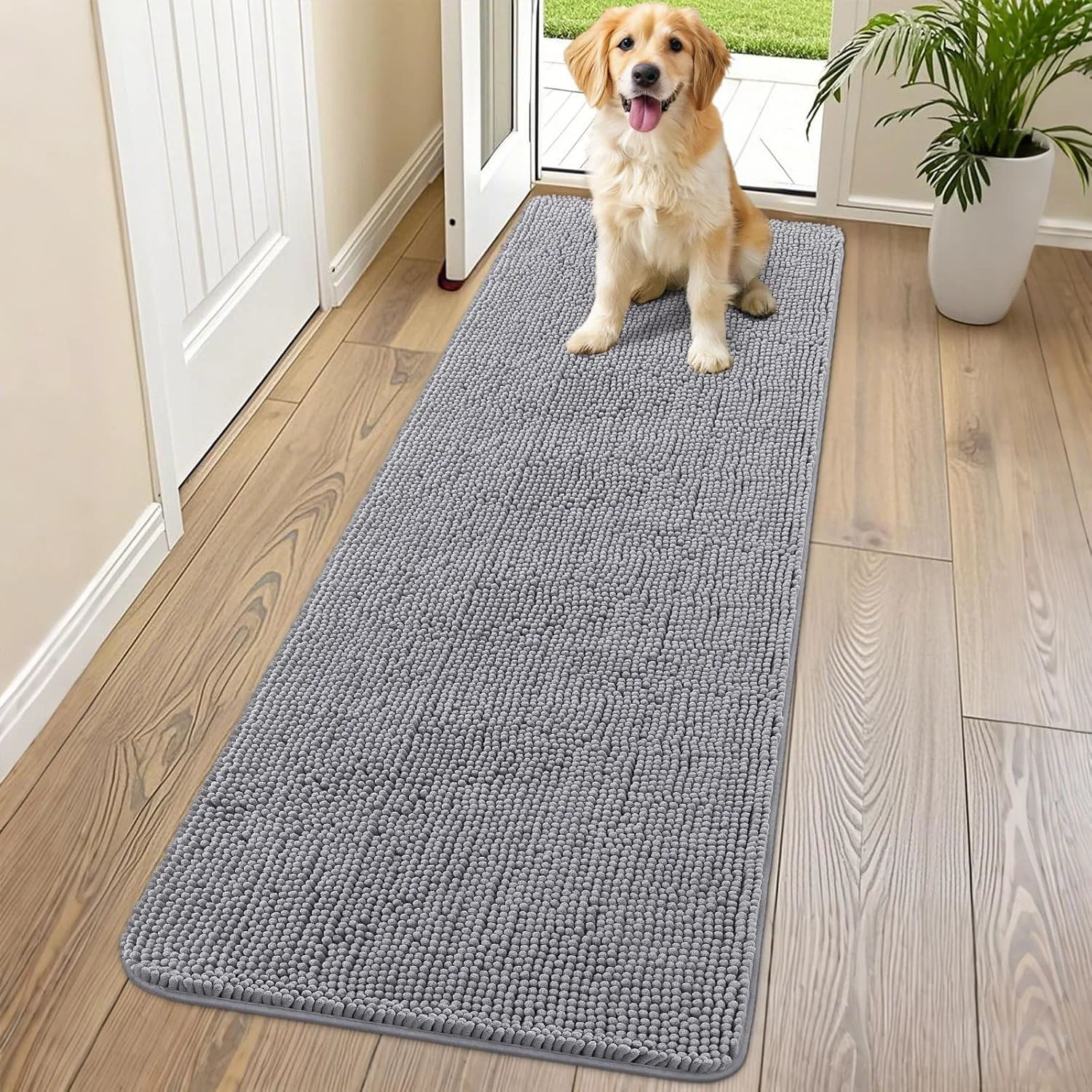 Dependable Smiry Dog Door Mat for Muddy Paws 70x24 Absorbs Moisture and Dirt Doormat Non-Slip Washable Quick Dry Chenille Front Door Mat Indoor Entrance Entryway Carpet for Inside Floor Grey User-Friendly
