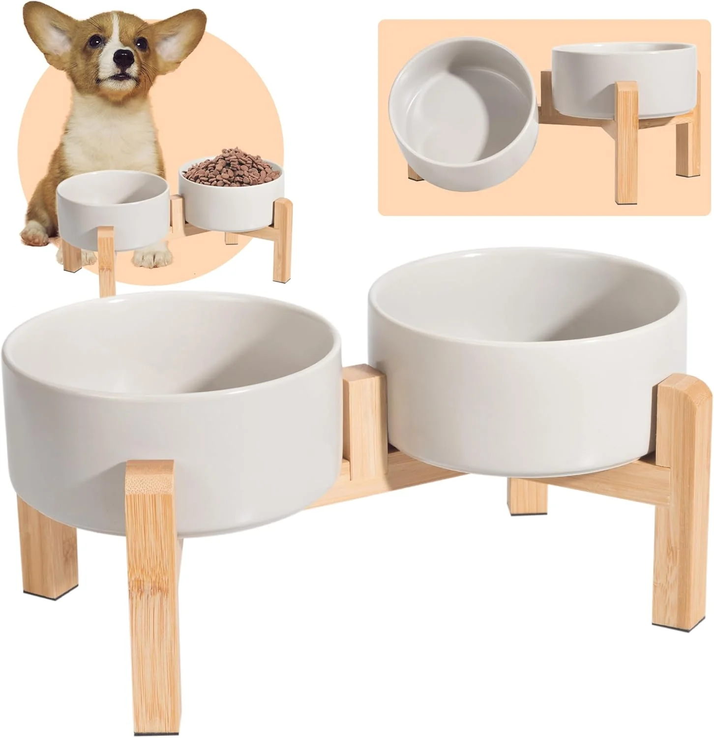 Breathable d Ceramic Dog Bowl Set - Raised Dog Bowls with Non-Slip Bamboo Stand - Dog Food and Water Bowl Set - Double Dog Feeding Bowls - Suitable for Small and Medium Dogs - 28.74 OZ - 3.6 CUPS - 850 ML Trendy