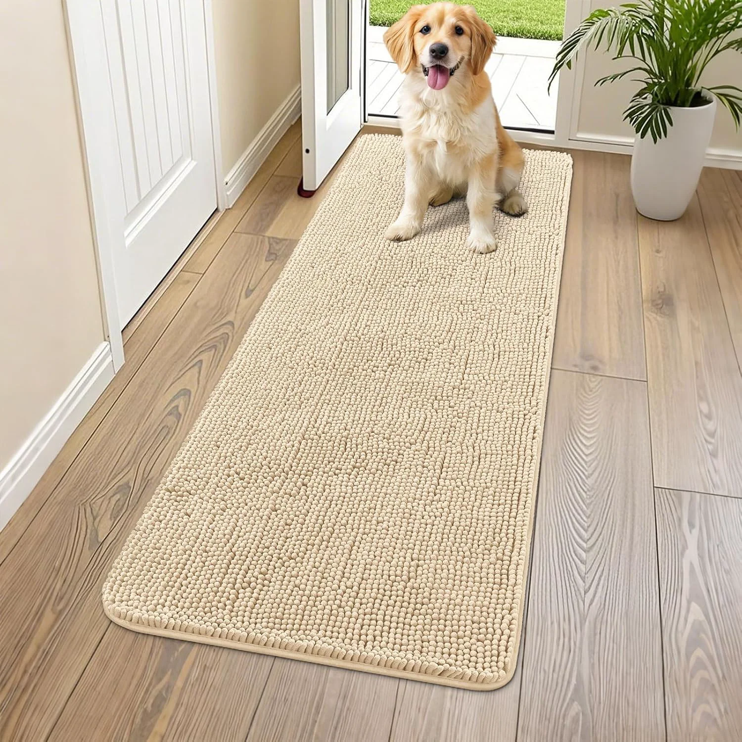 Enhanced Smiry Dog Door Mat for Muddy Paws 59x20 Absorbs Moisture and Dirt Doormat Non-Slip Washable Quick Dry Chenille Front Door Mat Indoor Entrance Entryway Carpet for Inside Floor Beige Traditional